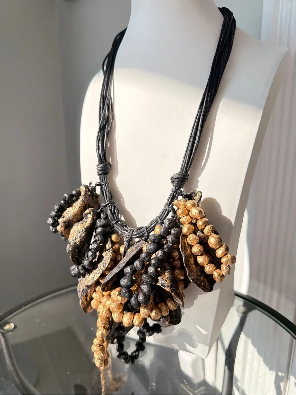 22” gold and black painted wood and cord wild statement necklace!